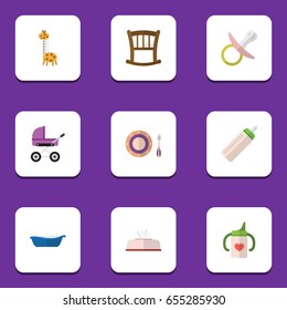 Flat Baby Set Of Stroller, Infant Cot, Tissue And Other Vector Objects. Also Includes Pacifier, Infant, Bed Elements.