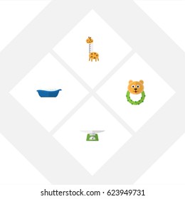 Flat Baby Set Of Toy, Bathtub, Rattle And Other Vector Objects. Also Includes Scales, Children, Beanbag Elements.