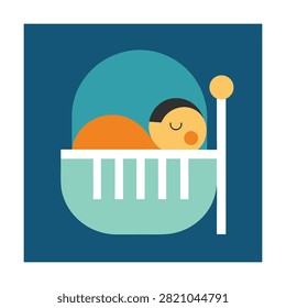 Flat of a baby sleeping in a crib with a blue background, and a yellow, bedpost detail