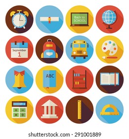 Flat Back to School Circle Icons Set with long Shadow. Flat Styled Vector Illustrations. Back to School. Science and Education Set. Collection of Circle Icons 