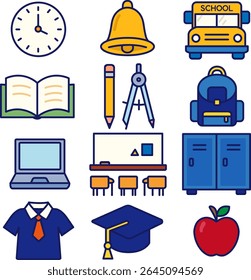 Flat back to school icon set featuring students, school supplies, classroom items, and graduation elements. Designed in colorful line style for education-themed use.