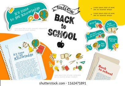Flat Back To School Infographic Template With Globe Apple Protractor Paint Palette Scissors Bell Ruler Bulb Pens Pencils Stickers Paper Notes Vector Illustration