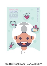 Flat Back to School Poster Featuring Cartoon Doctor Surrounded by Healthcare and Medical Icons
