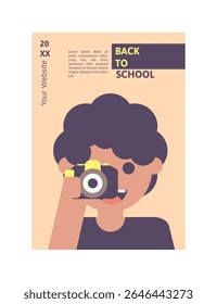 Flat Back to School Poster com Fotógrafo Estudantil Segurando a câmera em estilo divertido dos desenhos animados