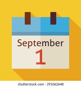 Flat Back to School September Calendar Illustration with long Shadow. Education Vector illustration. Flat Style Colorful September first Calendar Object. 