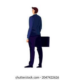 Flat back view of man wearing suit with briefcase on white background vector illustration