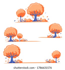Flat background autumn park with orange trees and falling leaves. Set of vector illustrations in cartoon style. Template for banners.