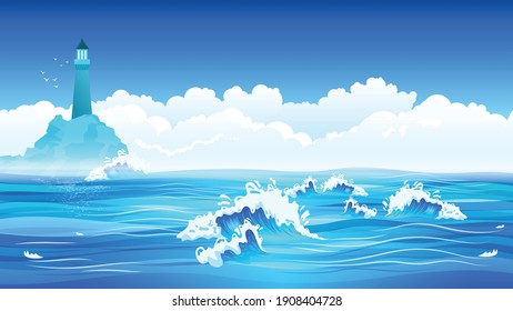 Flat background with blue sea waves lighthouse sky clouds vector illustration