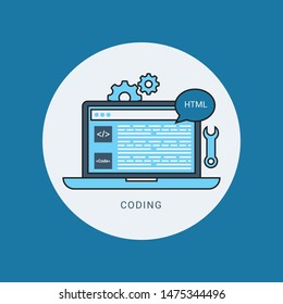 Flat background. Coding, programming. App development, creation. Software, program code. 