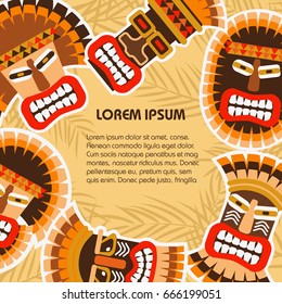 Flat background with colorful african ethnic tribal masks of different shape on the palm leaves. Vector illustration