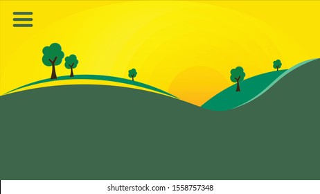 Flat background deisgn with sunrise and green