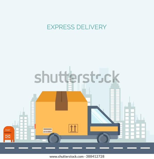 Flat background. Delivery, packaging.\
Shipping,transportation. Carton box ,\
car.
