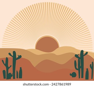 Flat background desert waves gradient sand, sunset big rays, cacti, modern design in boho style calm shade for banner, card, poster