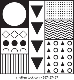 Flat background for design. Abstract pattern, vector banner. Memphis Card with geometric elements. Retro style. Fashion 90s 80s. Printed matter, paper, fabric, poster, cover, advertising. Black White