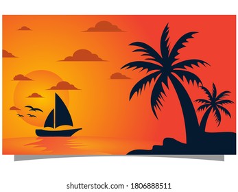 Flat background design with boat and palm in the afternoon