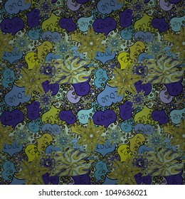 Flat background for design. Sketch heart elements on blue, green and black colors. Valentine':s day. Wrapping paper. Vector illustration. Hearts seamless pattern. Baby background with colorful hearts.