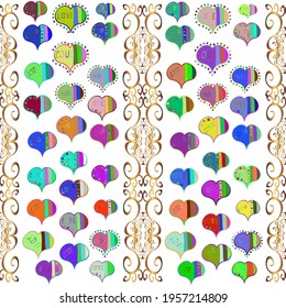 Flat background for design. Vector illustration. Baby background with colorful hearts. Hearts seamless pattern. Wrapping paper. Valentine':s day. Sketch heart elements on blue, white and green colors.