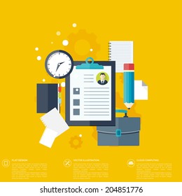 Flat background with digital devices and papers.Teamwork concept. Global communication and working experience. Business, briefing organization. Money making and analyzing.