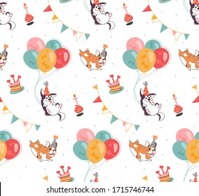 Flat background with dogs (husky and english bulldog), cakes, garlands, balloons. Vector seamless texture of festive attributes for dog party. Isolated, for printing on clothing, postcards, packaging