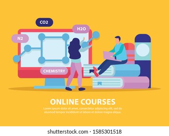 Flat background with doodle style human characters books and computer with molecule and editable text captions vector illustration