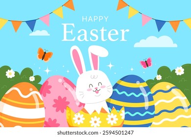 flat background easter egg holiday with bunny cute