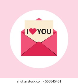Flat background with envelope. Love, hearts. I love you Massage. Valentines day