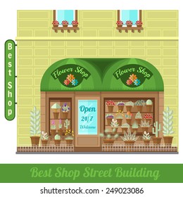 flat background with flower shop street building and pot flowers and  houseplants on showcase