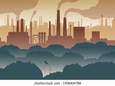 Flat background with green trees and numerous factory chimneys polluting air vector illustration