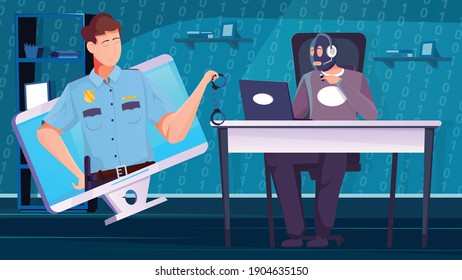 Flat background with hacker in black mask and police officer holding cuffs vector illustration