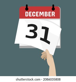 Flat background with hand and calendar. Time and date. 31 December. Countdown to new year. Vector illustration.