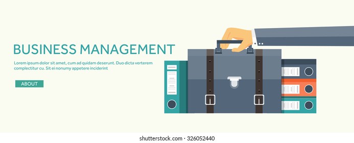Flat background with hand and portfolio. Office folders. Business, workspace.