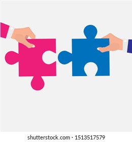 Flat background with hands and puzzles. Teamwork management concept.Business, analyzing organization.
