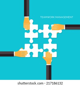 Flat background with hands and puzzles. Teamwork management concept.Business, analyzing organization.