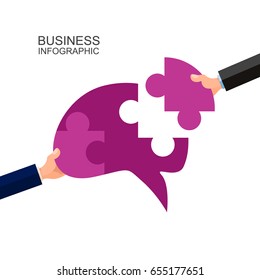 Flat background with hands and puzzles. Teamwork management concept.Business, analyzing organization.