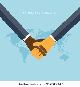Flat background with hands.Global cooperation and partnership. Business idea and teamwork.