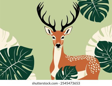 Flat background illustration of a deer surrounded by tropical leaves.