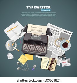 Flat background with journalist typewriter and different tools and objects for work and break vector illustration