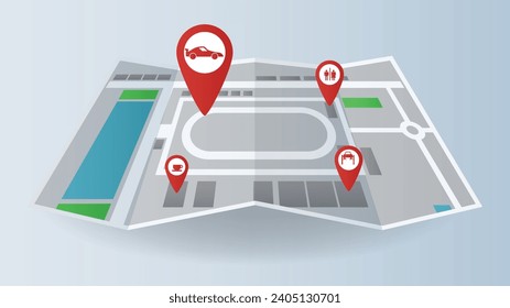 flat background of location city racetrack map fold page printing with red pin race car icon