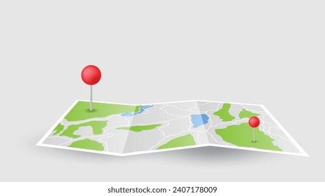 flat background of location route map fold page with red pins