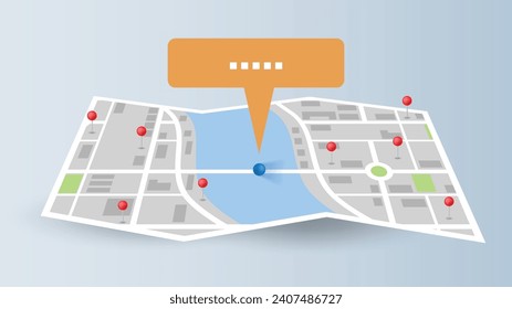 flat background of location route map fold page with red pins