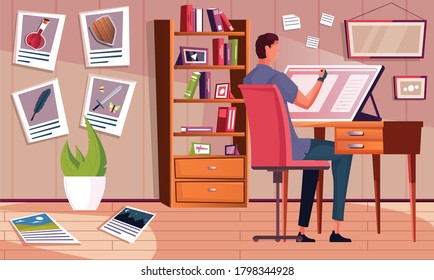 Flat background with male book illustrator drawing at his desk in study vector illustration