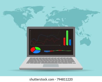Flat background. Market trade. Trading platform and account. Moneymaking,business. Market analysis. Investing.