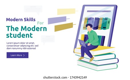 Flat background with modern male student studying with laptop and books vector illustration