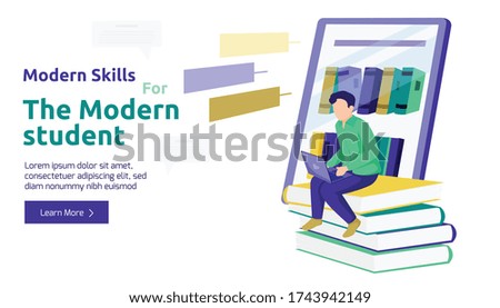 Flat background with modern male student studying with laptop and books vector illustration