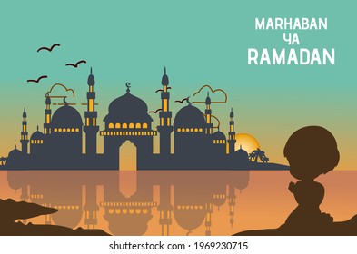 Flat background mosque ramadan kareem sunset landscape cartoon illustration