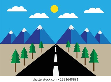 Flat background of nature landscape with mountain view, trees, mountain, blue sky and cloud, road. Vector.