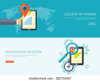 Fondo plano. Sistema de navegación y viaje. Ubicación del teléfono. Tablet con puntero de mapa.