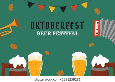 Flat background for oktoberfest celebration. A mug of beer, a bottle of beer, a pretzel, a sausage. 