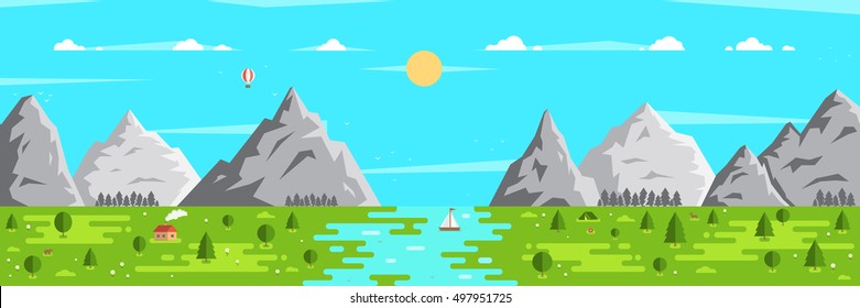 Flat background outdoor recreation and hiking. Sky, meadow, forest, river and mountains.