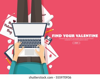 Flat background with paper, envelope. Love, hearts. Valentines day. Be my valentine. 14 february.Vector illustration. 